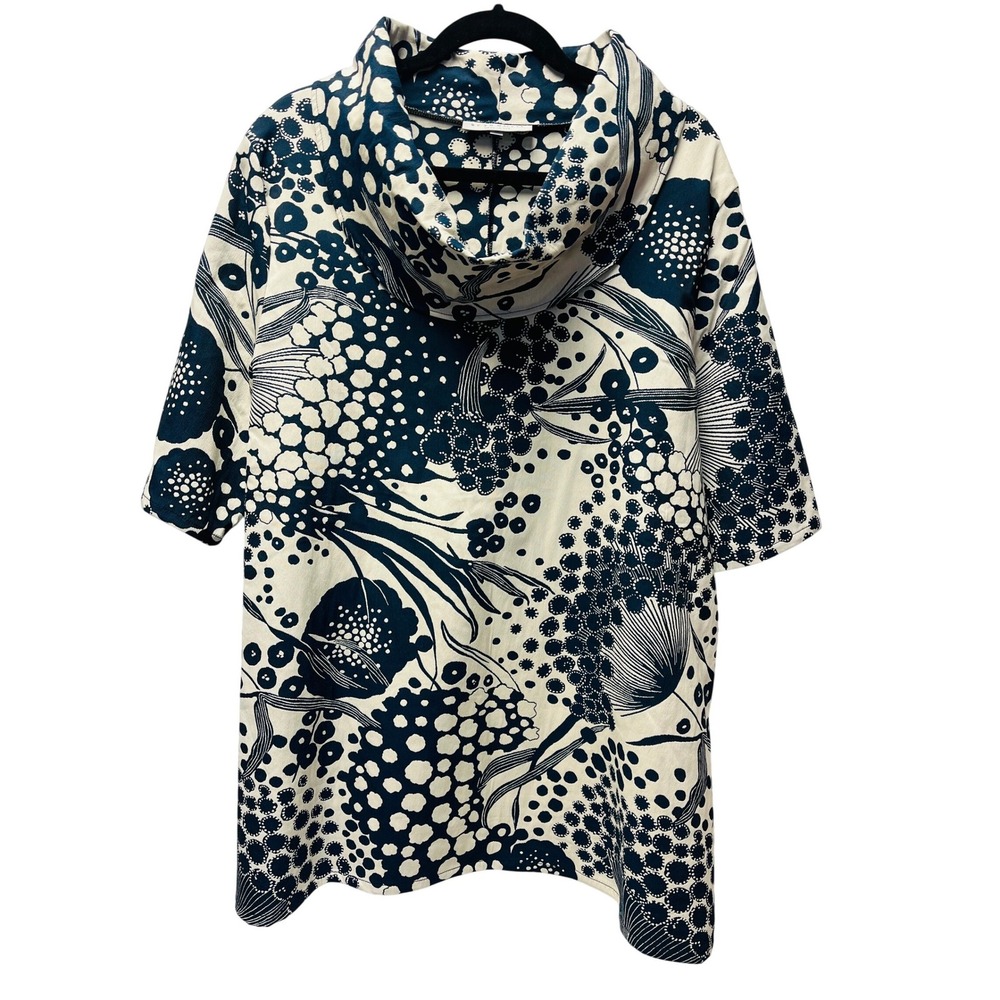 Bryn Walker Tunic Top L Navy Cream Floral Abstract Cowl Neck Artsy Boho Modern